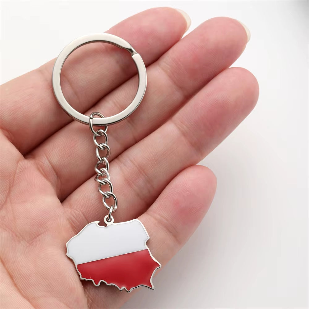 Poland Map Pendant Keychains Women Men Stainless Steel Polish Flag Ethnic Car Bags Key Chain Ring New Trend Jewelry Gift