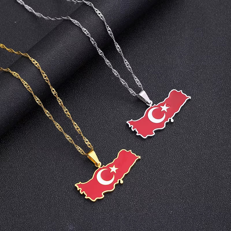 Fashion Stainless Steel Turkey Map Flag Necklace Pendant Women Turkish Silver Color/Gold Color Party Jewelry Turkiye Cumhuriyeti