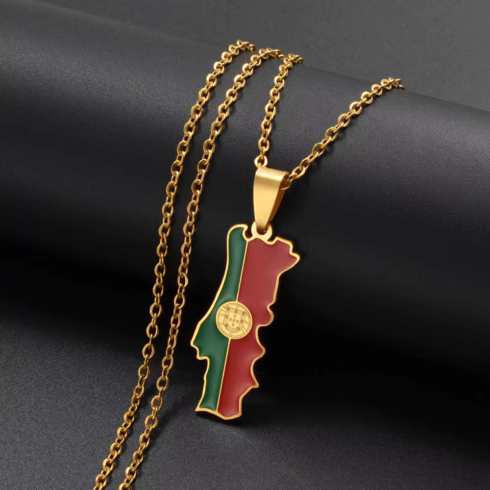 Portugal Map Flag Pendant Necklaces for Women Girls Jewelry Portuguese Charms Maps 