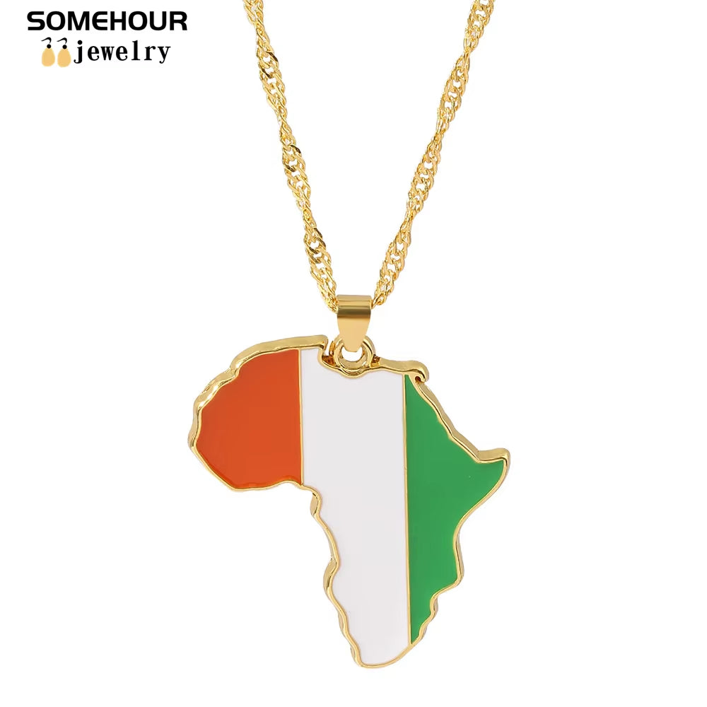 Vintage Africa Map Flag Pendant Necklace Unit African Countries Black Ethnic Roots Charms Hiphop Jewelry for Women Gift