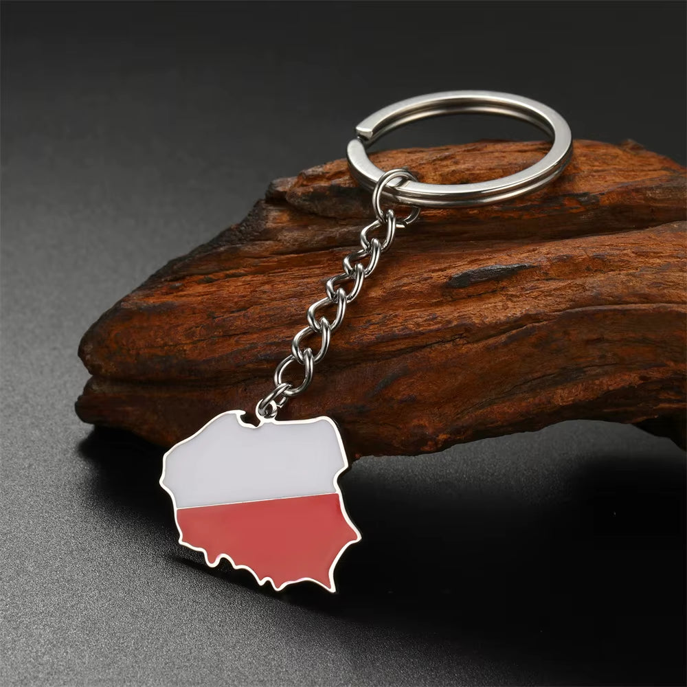 Poland Map Pendant Keychains Women Men Stainless Steel Polish Flag Ethnic Car Bags Key Chain Ring New Trend Jewelry Gift