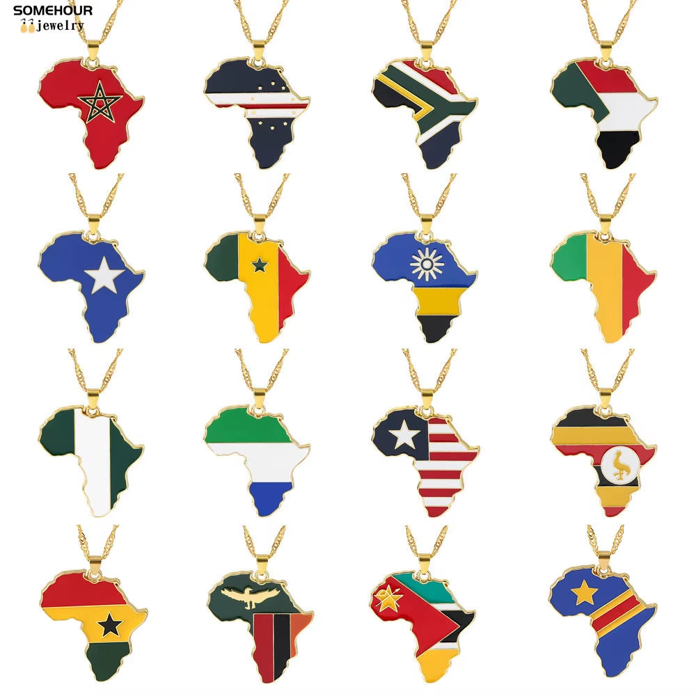 Vintage Africa Map Flag Pendant Necklace Unit African Countries Black Ethnic Roots Charms Hiphop Jewelry for Women Gift