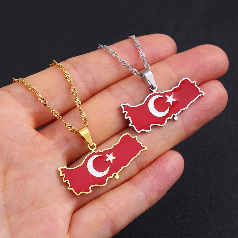 Fashion Stainless Steel Turkey Map Flag Necklace Pendant Women Turkish Silver Color/Gold Color Party Jewelry Turkiye Cumhuriyeti