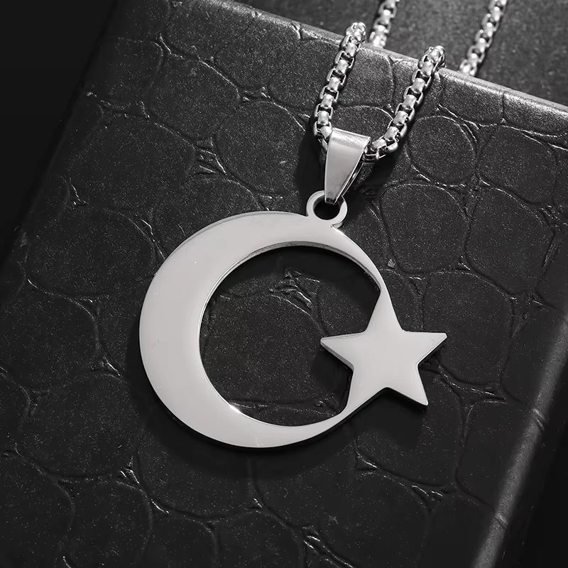 Stainless Steel Fashion Turkish Flag Star and Moon Pendant Necklace for Men and Women Fashion Faith Retro Jewelry Gifts