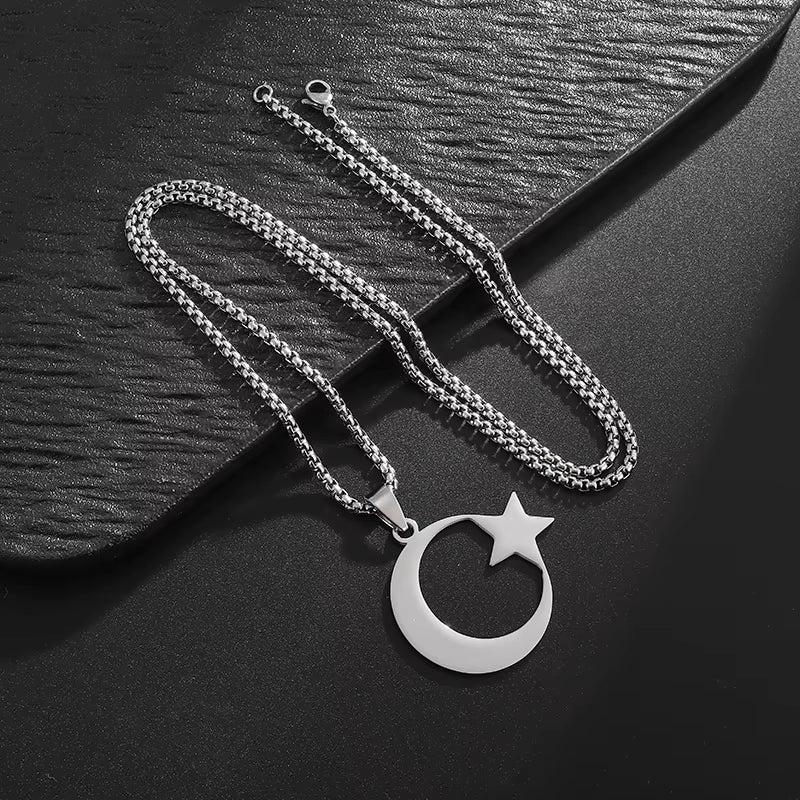 Stainless Steel Fashion Turkish Flag Star and Moon Pendant Necklace for Men and Women Fashion Faith Retro Jewelry Gifts