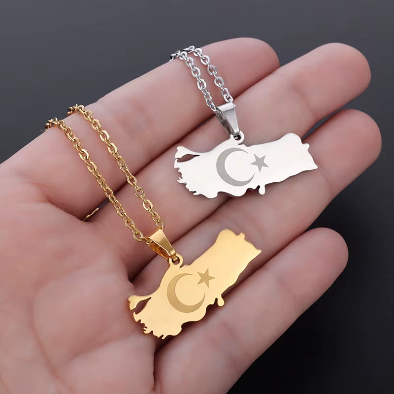 Lucky Stainless Steel Turkey Map Flag Gold Color Pendant Necklace Ladies Mens Turkey Patriotic Star Jewelry Gift