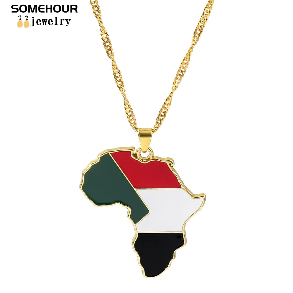 Vintage Africa Map Flag Pendant Necklace Unit African Countries Black Ethnic Roots Charms Hiphop Jewelry for Women Gift