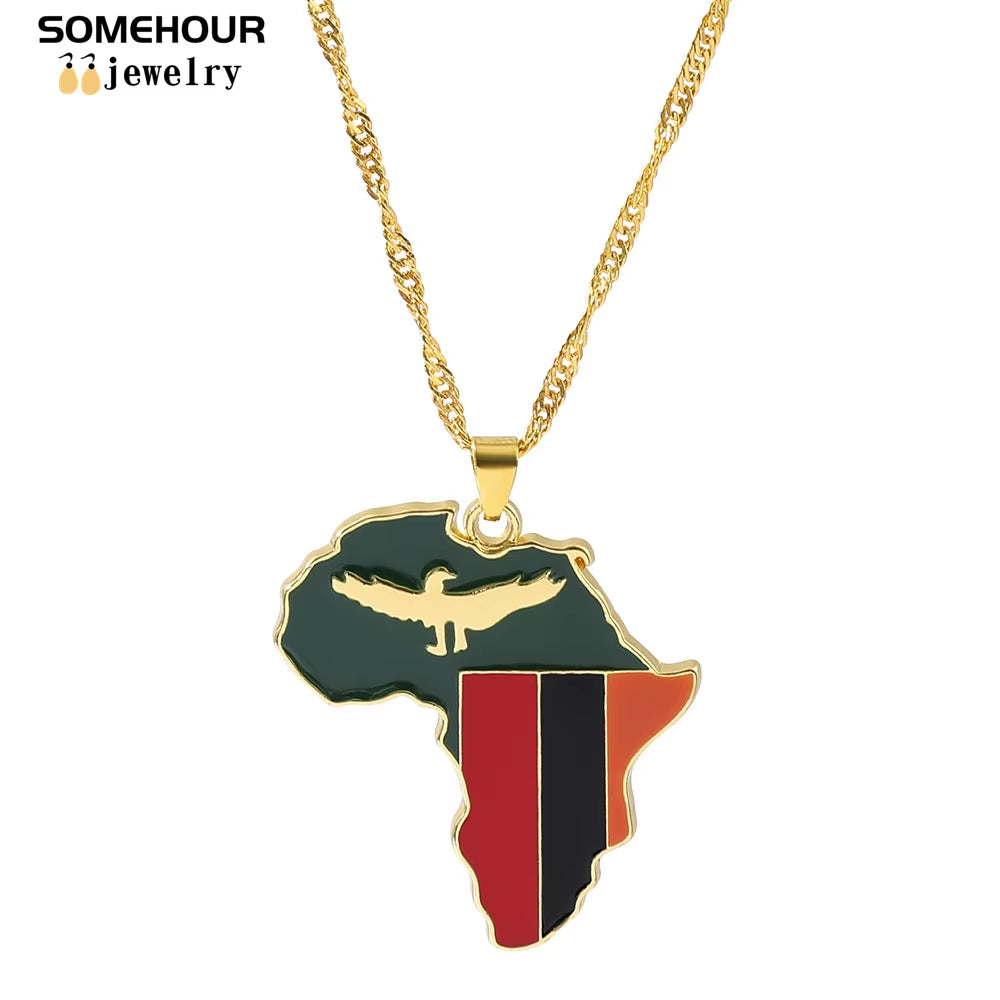 Vintage Africa Map Flag Pendant Necklace Unit African Countries Black Ethnic Roots Charms Hiphop Jewelry for Women Gift