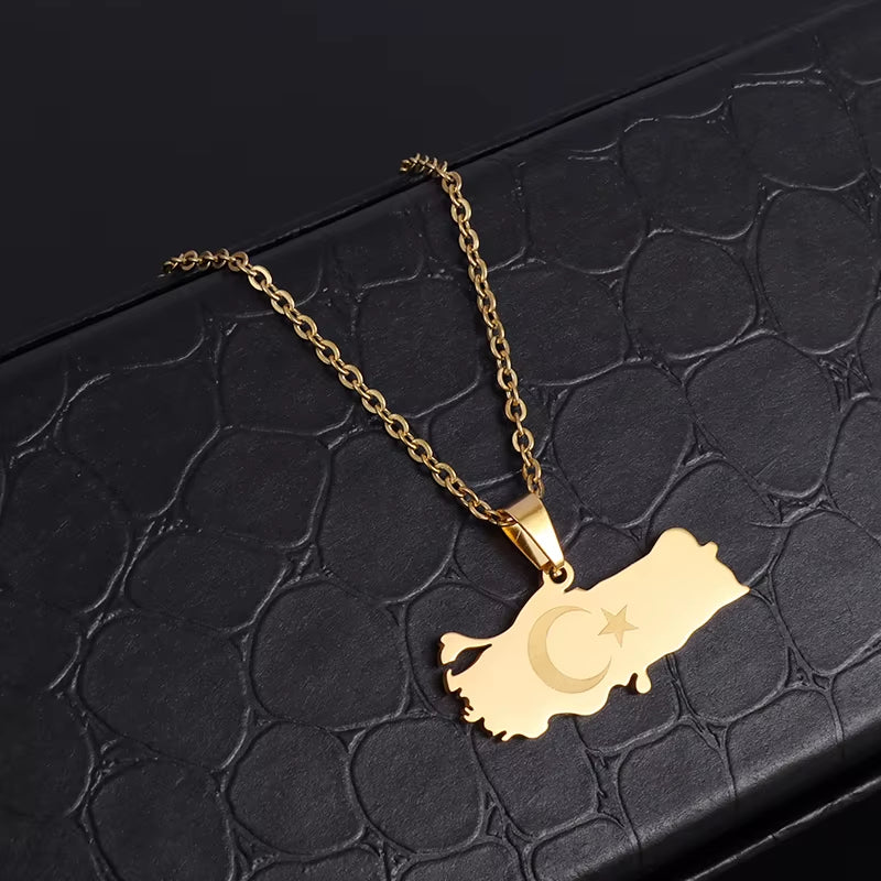 Lucky Stainless Steel Turkey Map Flag Gold Color Pendant Necklace Ladies Mens Turkey Patriotic Star Jewelry Gift