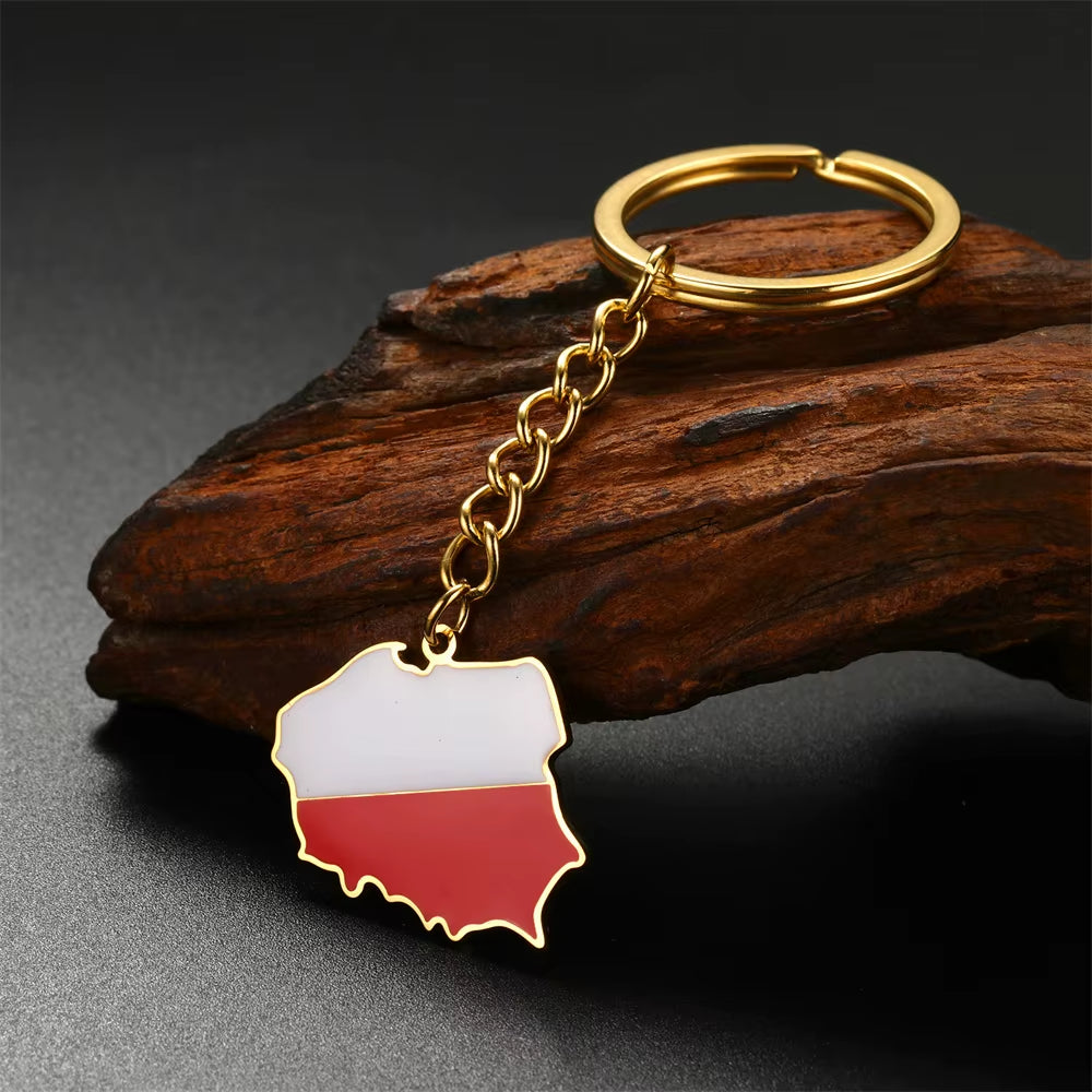 Poland Map Pendant Keychains Women Men Stainless Steel Polish Flag Ethnic Car Bags Key Chain Ring New Trend Jewelry Gift