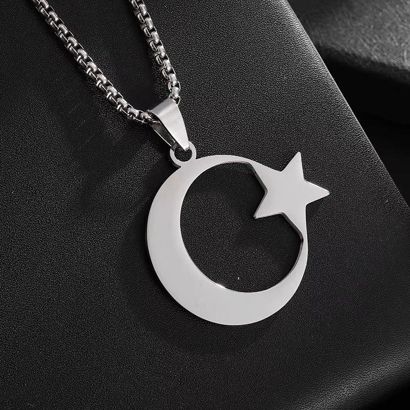 Stainless Steel Fashion Turkish Flag Star and Moon Pendant Necklace for Men and Women Fashion Faith Retro Jewelry Gifts