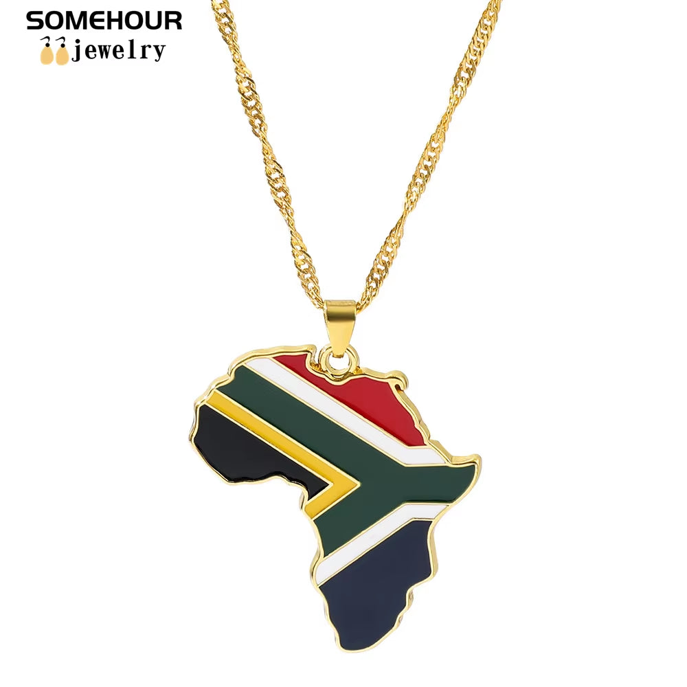 Vintage Africa Map Flag Pendant Necklace Unit African Countries Black Ethnic Roots Charms Hiphop Jewelry for Women Gift