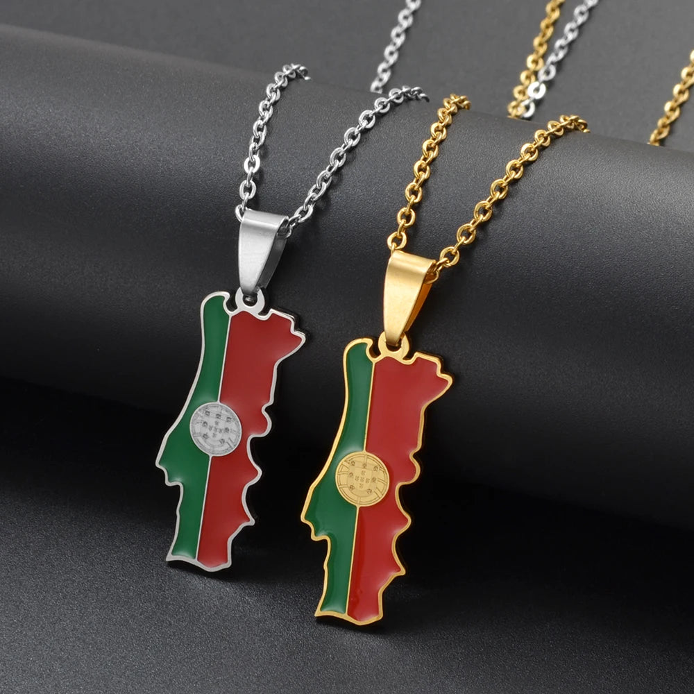 Portugal Map Flag Pendant Necklaces for Women Girls Jewelry Portuguese Charms Maps 