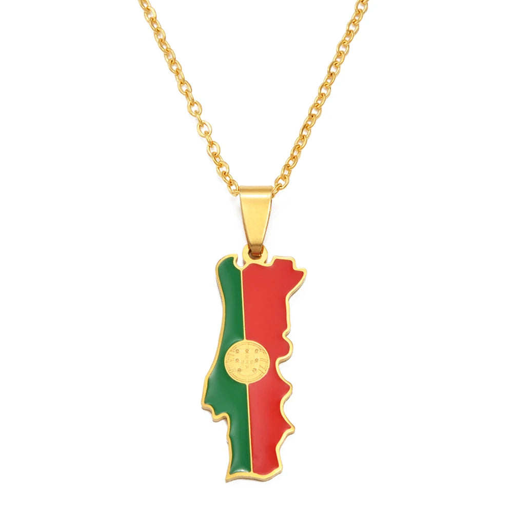 Portugal Map Flag Pendant Necklaces for Women Girls Jewelry Portuguese Charms Maps 