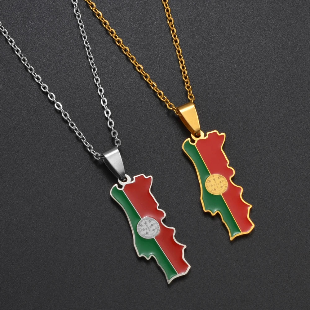 Portugal Map Flag Pendant Necklaces for Women Girls Jewelry Portuguese Charms Maps 