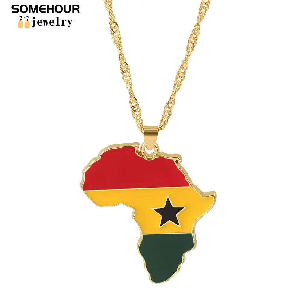 Vintage Africa Map Flag Pendant Necklace Unit African Countries Black Ethnic Roots Charms Hiphop Jewelry for Women Gift