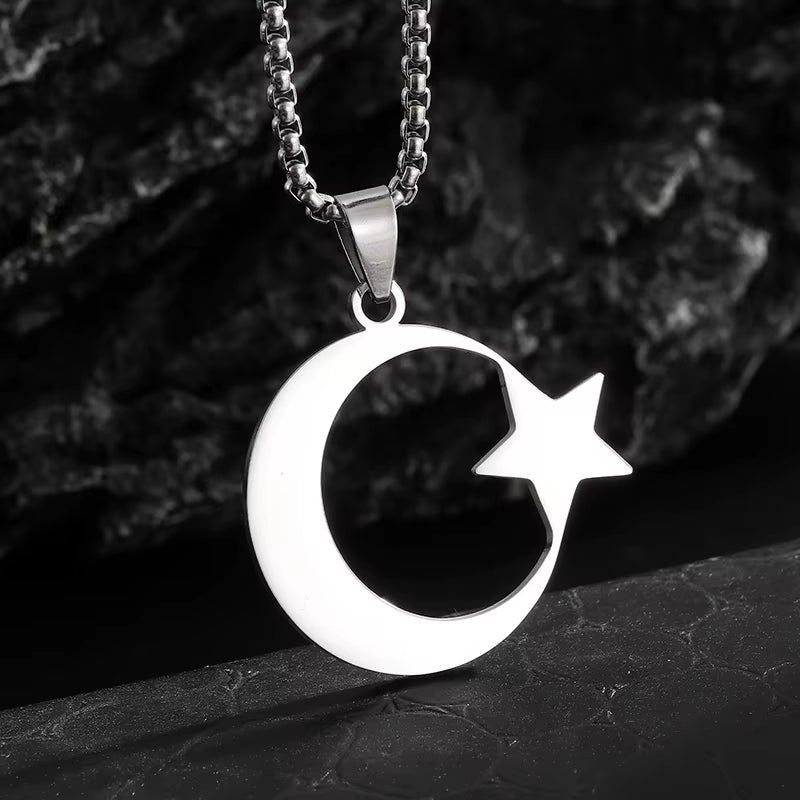 Stainless Steel Fashion Turkish Flag Star and Moon Pendant Necklace for Men and Women Fashion Faith Retro Jewelry Gifts