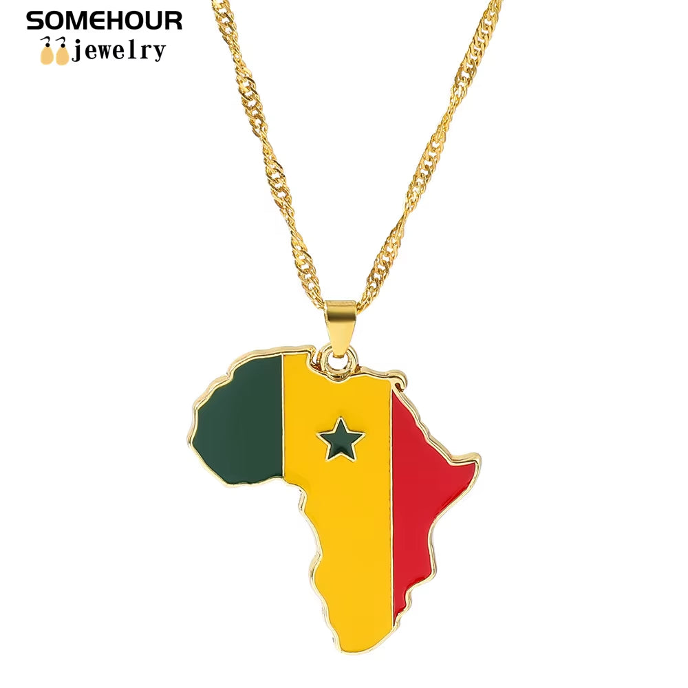 Vintage Africa Map Flag Pendant Necklace Unit African Countries Black Ethnic Roots Charms Hiphop Jewelry for Women Gift