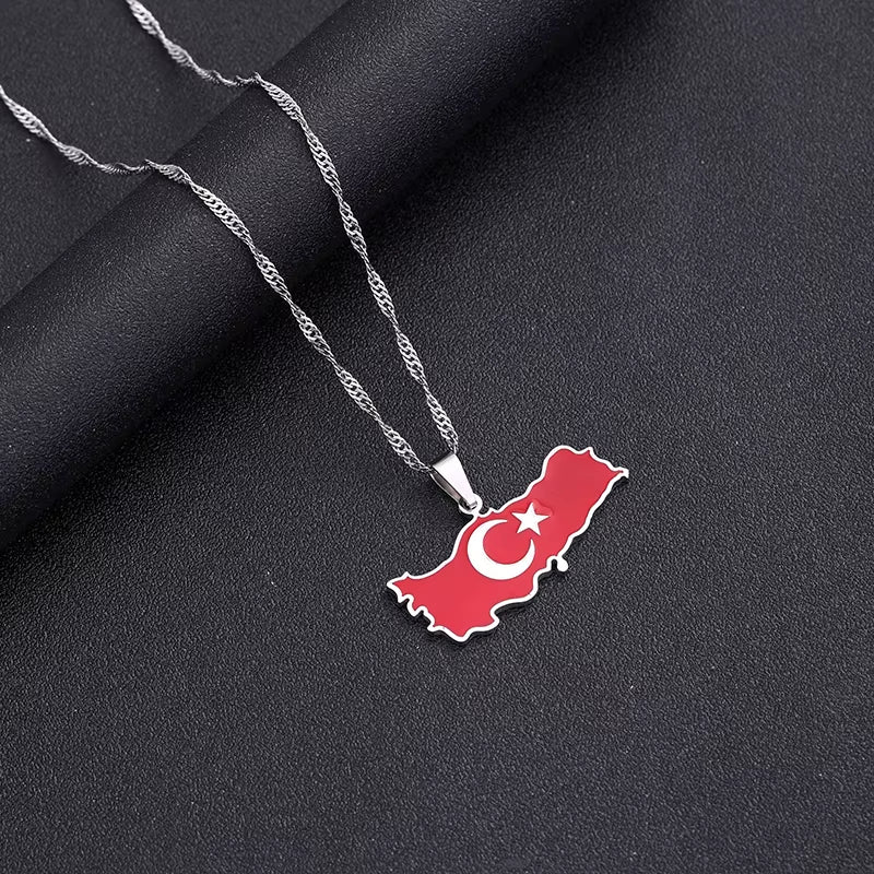 Fashion Stainless Steel Turkey Map Flag Necklace Pendant Women Turkish Silver Color/Gold Color Party Jewelry Turkiye Cumhuriyeti