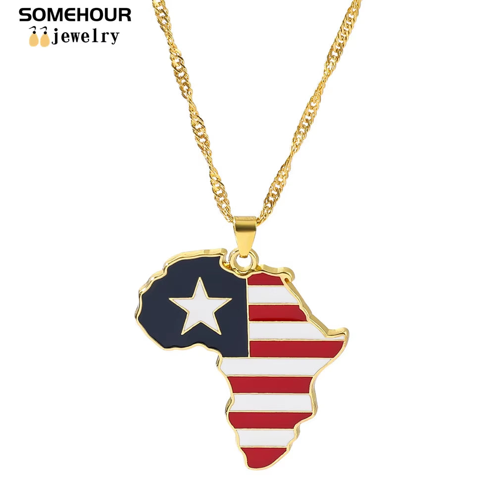 Vintage Africa Map Flag Pendant Necklace Unit African Countries Black Ethnic Roots Charms Hiphop Jewelry for Women Gift