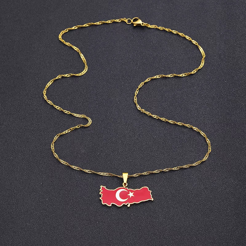 Fashion Stainless Steel Turkey Map Flag Necklace Pendant Women Turkish Silver Color/Gold Color Party Jewelry Turkiye Cumhuriyeti