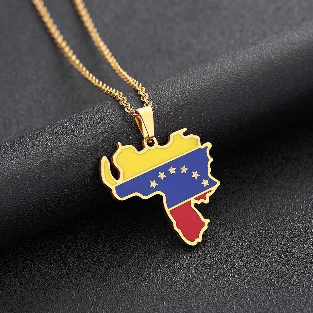 Venezuela Map Flag Pendant Necklace Stainless Steel for Women Men Gold Silver Color Charm Fashion Venezuelan Jewelry Gifts