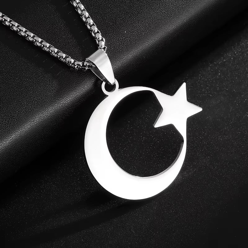 Stainless Steel Fashion Turkish Flag Star and Moon Pendant Necklace for Men and Women Fashion Faith Retro Jewelry Gifts