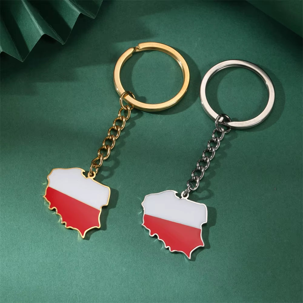 Poland Map Pendant Keychains Women Men Stainless Steel Polish Flag Ethnic Car Bags Key Chain Ring New Trend Jewelry Gift